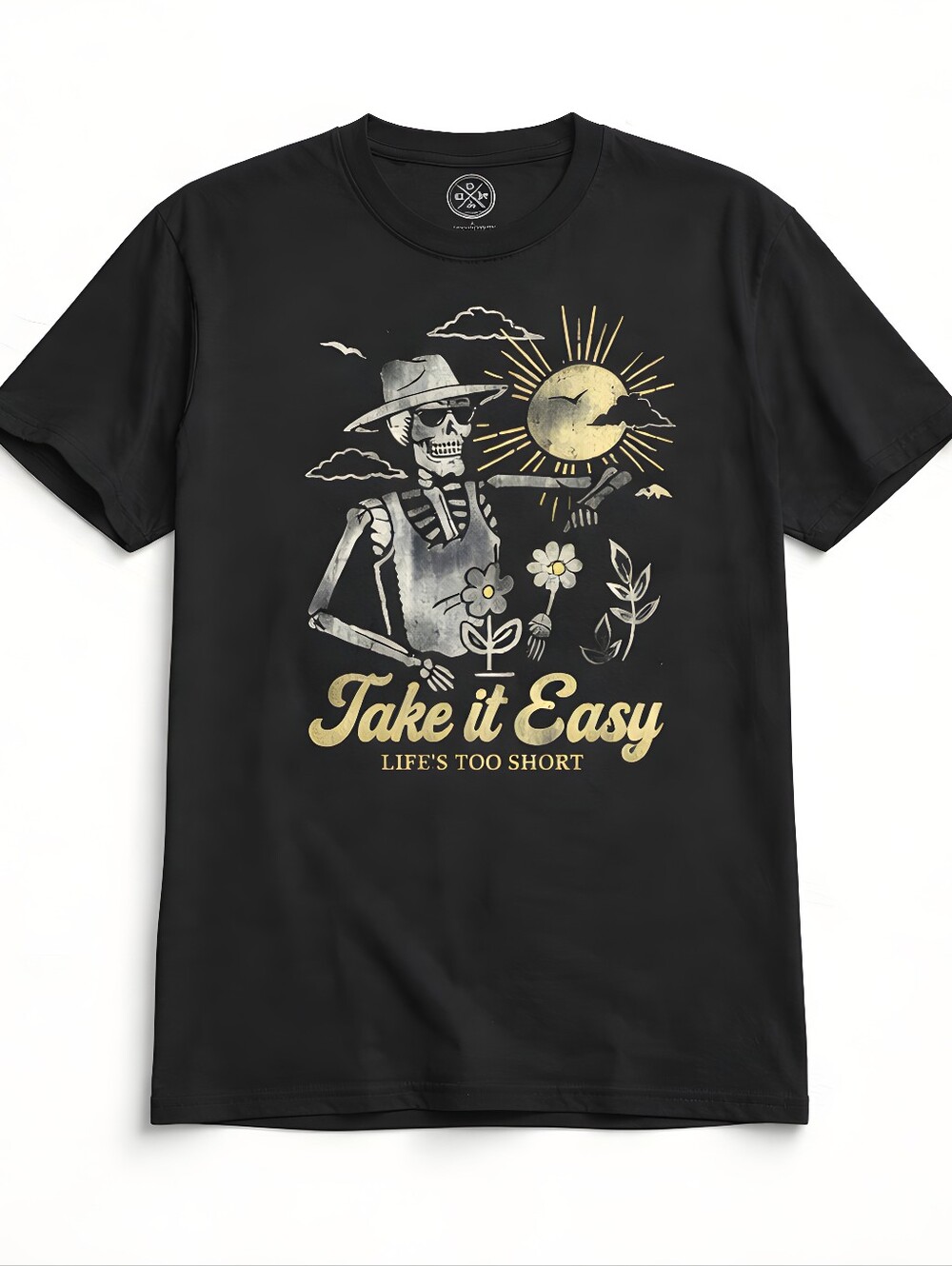 Mens L Large DOM 'Take It Easy Life's Too Short' skeleton Cotton graphic tshirt